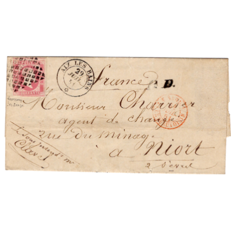 SARDE N° 3 TOUCHE GRILLE ROMBI AIX LES BAINS 29 JUIL 1851 LETTRE  POUR LA FRANCE MANQUE LA PAIRE DU N°1