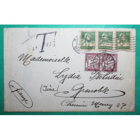 LETTRE SUISSE BALE 10C x3 HELVETIA + TAXE DUVAL 1F ROUGE x2 POUR GRENOBLE ISERE 1927 COVER FRANCE
