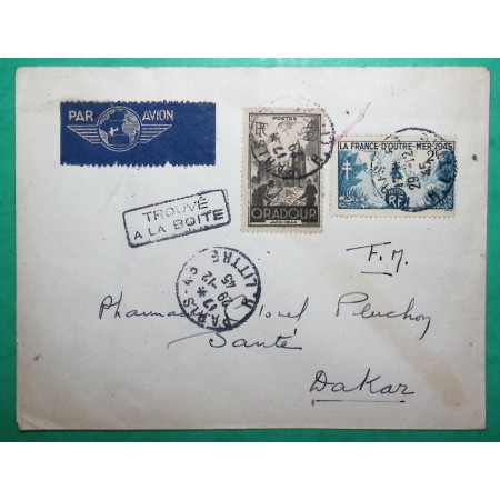 FRANCHISE MILITAIRE FM + TAXE AVION N°741 + 742 6F PARIS TROUVE A LA BOITE DAKAR SENEGAL 1945 WW2 LETTRE COVER FRANCE