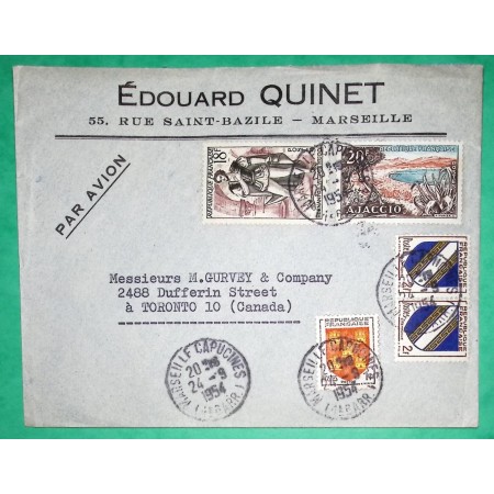 YT N°944 + 952 + 953 x2 + 981 LETTRE PAR AVION MARSEILLE TARIF SPECIAL TORONTO CANADA 1954 COVER FRANCE