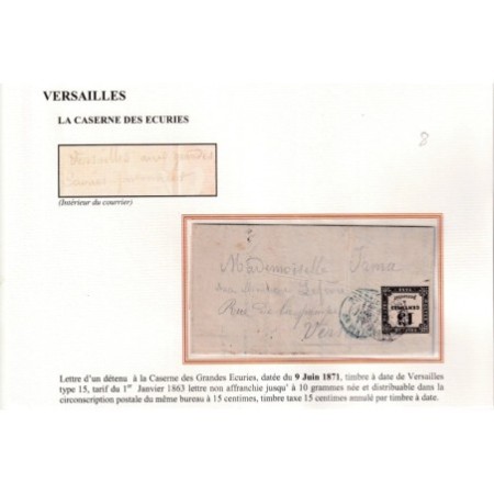 TAXE N°3 VERSAILLES 9 JUIN 1871 CAD BLEU ET NOIR D'UN DETENUE A LA CASERNE DES ECURIES CHATEAU DE VERSAILLES P...
