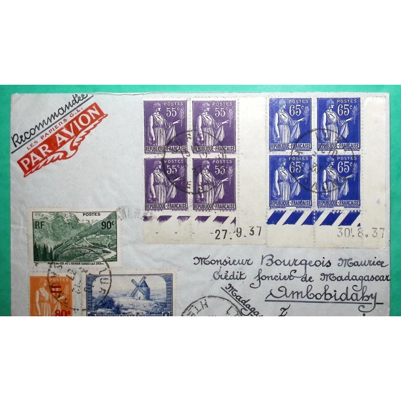 N°311 + 358 + 359 + 363 + 365 BLOC DE 4 COIN DATE PAIX RECOMMANDE PAR AVION POUR TANANARIVE MADAGASCAR 1937 COVER FRANCE