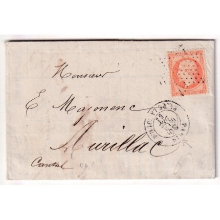 N°23 PARIS ETOILE PLEINE CACHET TAXE 30C PARIS PL DE LA BOURSE POUR AURILLAC CANTAL 1863 ERREUR