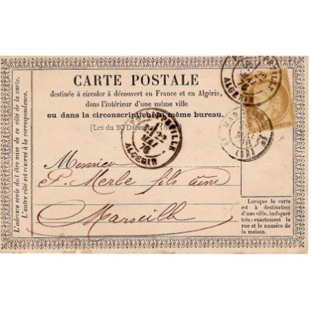 CERES 15C CARTE PRECURSEUR N° 1 HENRI TEISSIER PHILIPPEVILLE ALGERIE 22 MAI 1876