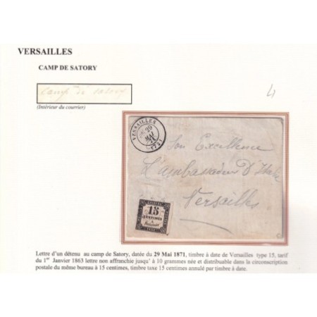 TAXE N°3 DU 29 MAI 1871 SEMAINE SANGLANTE LETTRE D'UN DETENU AU CAMPS DE SATORY POUR AMBASSADE ITALIE VERSAILL...