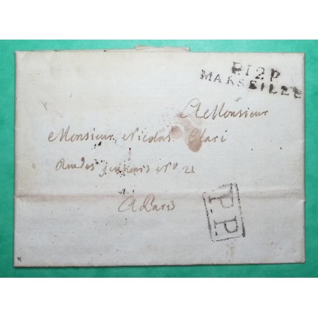 MARQUE P12P MARSEILLE BOUCHES DU RHONE PORT PAYE PP ENCADRE POUR PARIS 37x8 1808 LETTRE COVER FRANCE