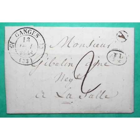 CAD TYPE 12 GANGES HERAULT DECIME + BOITE RURALE A SUMENE POUR LA SALLE GARD 1838 LETTRE COVER FRANCE