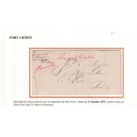 LETTRE DU DETENU AU FORT LIEDOT ISLE D'AIX CHARENTE INFERIEURE DU 11 OCTOBRE 1871 POUR PARIS COMMUNE DE PARIS