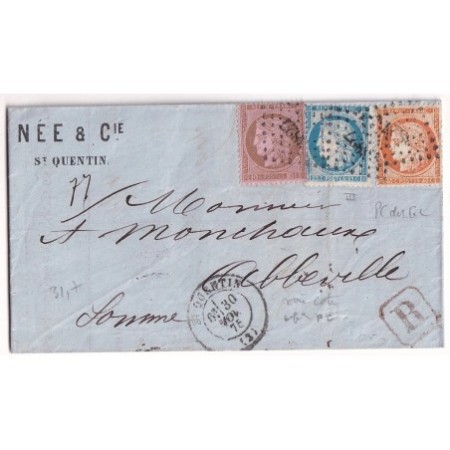 N°38 58 60 TRICOLORE PC DU GC 3827 ST QUENTIN AISNE RECOMMANDE POUR ABBEVILLE SOMME