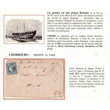 PRISON PONTON LE TAGE EN RADE DE CHERBOURG MANCHE DEPART PARIS 17 AOUT 1871 COMMUNE DE PARIS