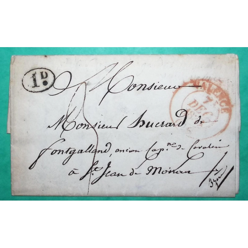 CAD TYPE 13 VALENCE ROUGE DROME DECIME RURAL POUR ST JEAN DE MOIRANS ISERE 1833 LETTRE COVER FRANCE
