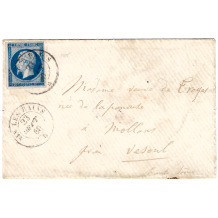 FRANCE N° 14 BELLES MARGES CACHET SARDE AIX LES BAINS 23 SEPT 1860 POUR VESOUL