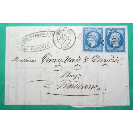 N°14A x2 TTB PC 1714 LIBOURNE GIRONDE DOUBLE PORT POUR BORDEAUX 1858 LETTRE COVER FRANCE