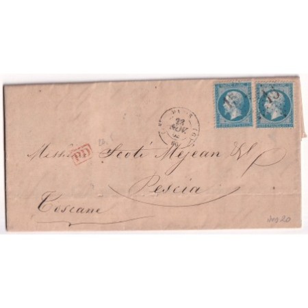 N°22 PARIS ETOILE 15 CAD BUREAU G RARE POUR PESCIA ITALIE 1863 INDICE 20