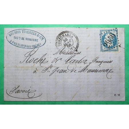 N°22 GC 2966 PONTCHARRA ISERE CAD TYPE 22 POUR ST JEAN DE MAURIENNE SAVOIE INDICE 15 1866 LETTRE COVER FRANCE