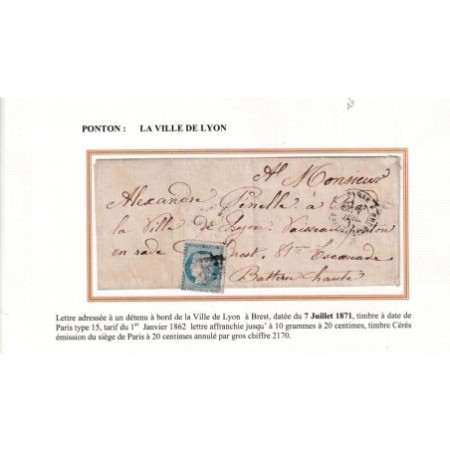 PRISON PONTON LA VILLE DE LYON EN RADE DE BREST N°37 PARIS 7 JUILLET 1871 COMMUNE DE PARIS