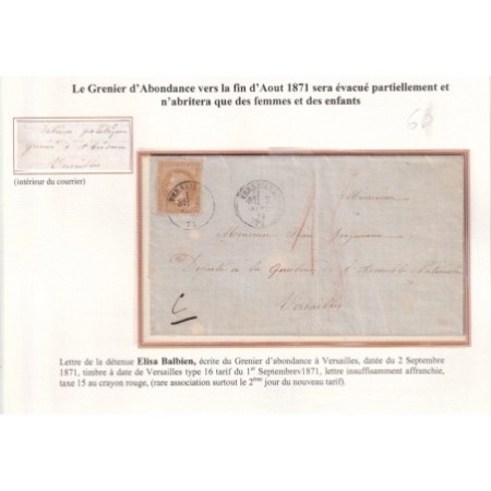 N°28 VERSAILLES 2 SEPTEMBRE 1871 TAXE 15C CRAYON ROUGE D'UNE DETENUE AU GRENIER D'ABONDANCE PRISON POUR FEMMES...