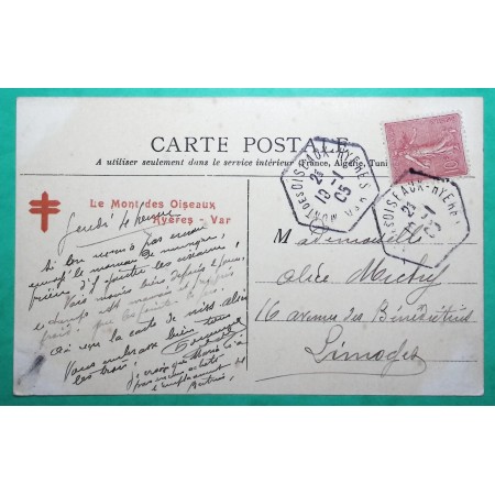 N°129 SEMEUSE CAD RECETTES AUXILIAIRES GERANCE GRATUITE MONT DES OISEAUX HYERES VAR POUR LIMOGES HAUTE VIENNE 1905