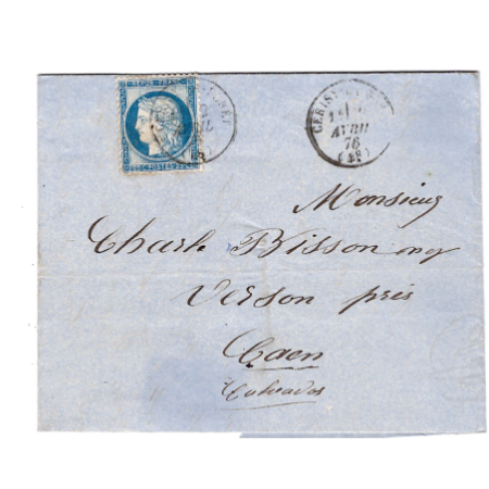 CERES 25C LETTRE TYPE 16 CERISY LA FORET AVRIL 1876 (48) LETTRE MANCHE