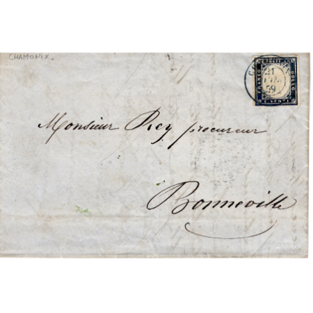 SARDE 20C CACHET SARDE BLEU CHAMONIX 21 JUIN 1859 LETTRE + FACTURE  TAIRRAZ HOTEL LONDRES ANGLETERRE