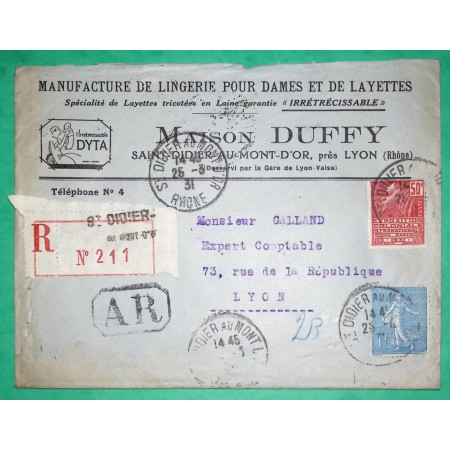 N°205 + 272 SEMEUSE FEMME FACCHI RECOMMANDE ST DIDIER AU MONT D'OR ENTETE MANUFACTURE DE LINGERIE POUR LYON 1931 FRANCE