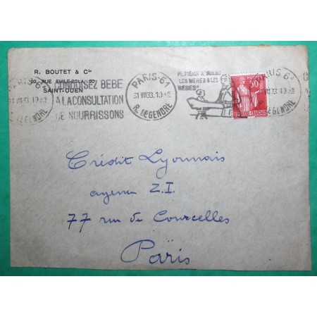 N°283 PAIX OBLITERATION MECANIQUE PARIS CONDUISEZ LES BEBES A LA CONSULTATION DE NOURRISSONS 1933 LETTER COVER FRANCE