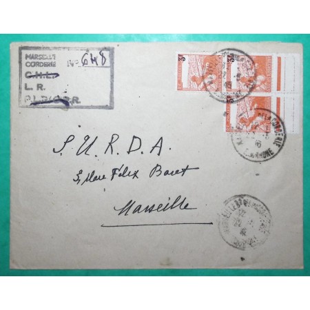 N°750 x3 TUBERCULEUX SURCHARGE RECOMMANDE PROVISOIRE MARSEILLE POUR MARSEILLE 1946 LETTRE COVER FRANCE