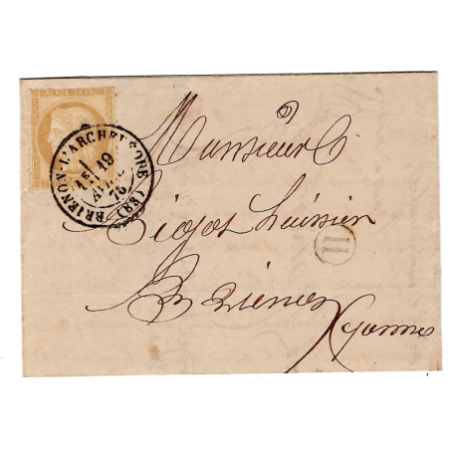 CERES 15C PETITE LETTRE TYPE 17 BRIENON L'ARCHEVEQUE 19 AVRIL 1876 (83) BOITE H CHEMPLOND YONNE