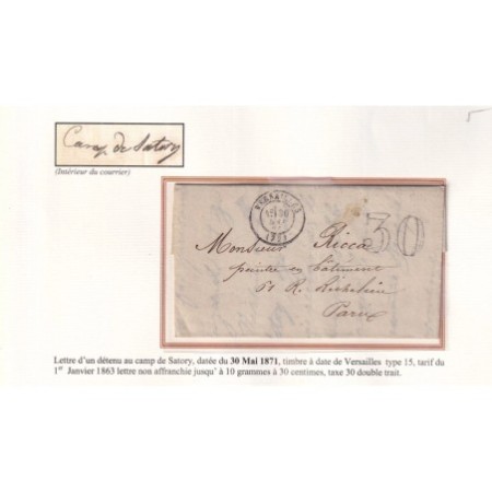 LETTRE D'UN DETENU AU CAMPS DE SATORY VERSAILLES 30 MAI 1871 TAXE TAMPON 30 DT POUR PARIS COMMUNE DE PARIS