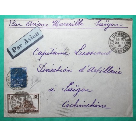 N°260 + 273 MIXTE MONT ST MICHEL FEMME FACCHI LETTRE PAR AVION UCHIZY SAONE ET LOIRE POUR SAÏGON COCHINCHINE 1931 FRANCE