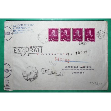 RECOMMANDE RECOMANDAT ROMANIA CENSOR CENZURAT FOR SCHWABACH GERMANIA DEUTSCHLAND WW2