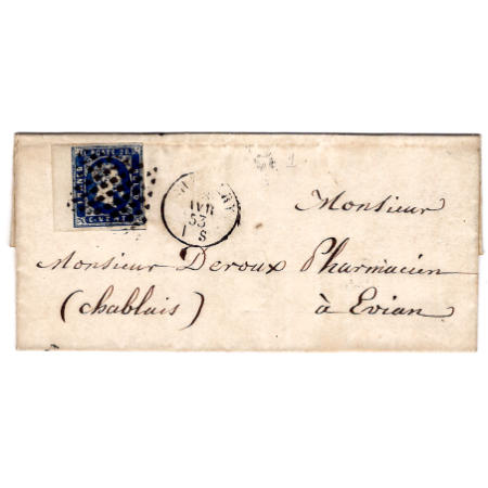 SARDE N°2 GRAND BDF GRILE ROMBI LETTRE CHAMBERY 18 FEV 1853 POUR EVIAN RARE