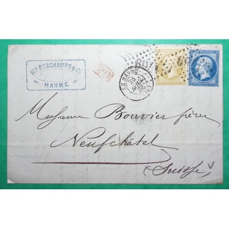 N°21 + 22 GC 1769 LE HAVRE SEINE INFERIEURE POUR NEUFCHATEL SUISSE 1866 LETTRE COVER FRANCE