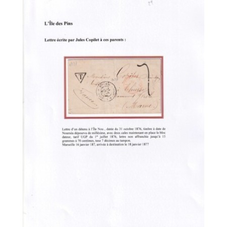 LETTRE D'UN DETENU A L'ILE DE NOU NOUVELLE CALEDONIE 31 OCTOBRE 1876 POUR BEAUMONT SUR VESLE MARNE ARRIVE 18 J...