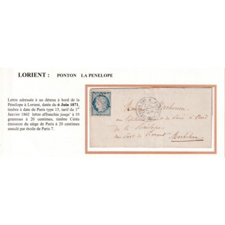 PRISON PONTON LA PENELOPE EN RADE DE LORIENT MORBIHAN N°37 PARIS 6 JUIN 1871 COMMUNE DE PARIS
