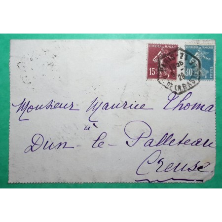 N°189 + 192 SEMEUSE LEVEE EXCEPTIONNELLE PARIS RUE DE LA BASTILLE POUR DUN LE PALESTEL CREUSE 1926 LETTRE COVER FRANCE