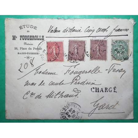 N°111 + 129 + 131 MIXTE BLANC SEMEUSE BELLE LETTRE CHARGE ST ETIENNE LOIRE POUR MILHAUD GARD 1906 LETTRE COVER FRANCE
