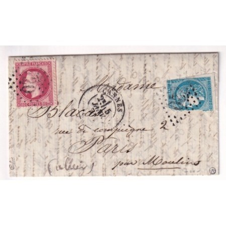 BOULE LE MOULINS N°32 + 45 G 720 CANNES ALPES MARITIMES 5 JANVIER 1871 POUR PARIS SANS CACHET ARRIVE