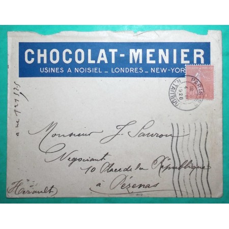 N°199 SEMEUSE BELLE ENVELOPPE PUB CHOCOLAT MENIER PARIS POUR PEZENAS HERAULT 1928 LETTRE COVER FRANCE
