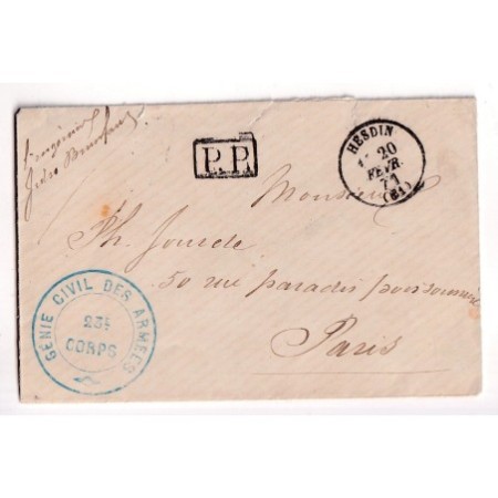 GUERRE 1870 GENIE CIVILE DES ARMEES 23EME CORPS HESDIN PAS DE CALAIS POUR PARIS 20 FEVRIER 1871 ARRIVE 21.02
