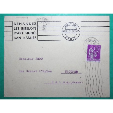 N°281 PAIX OBLITERATION MECANIQUE POSTE + PRIVEE BIBELOTS PARIS POUR REIMS MARNE 1936 LETTRE COVER FRANCE