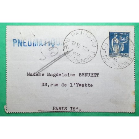 N°288 PAIX 1F50 PNEUMATIQUE PARIS RUE DE RENNES GAUMONT CINEMA FILM CRIME ET CHATIMENTS ACTRICE MAGDELEINE BERUBET 1935