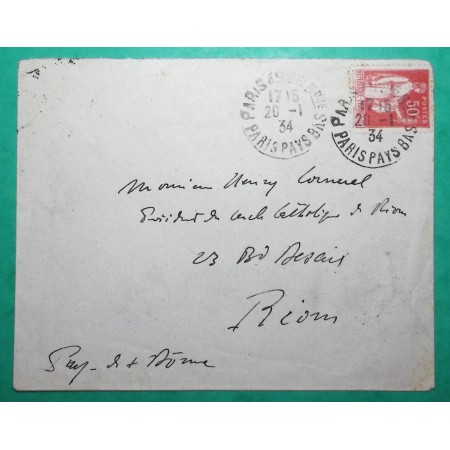 N°283 PAIX CAD PARIS BANQUE PARIS PAYS BAS POUR RIOM PUY DE DOME 1934 LETTRE COVER FRANCE