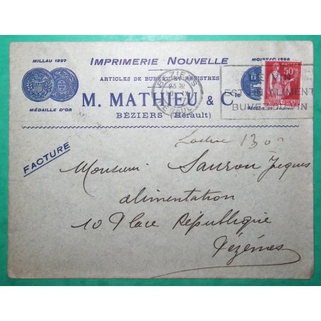 N°283 PAIX ENVELOPPE PUB IMPRIMERIE NOUVELLE MATHIEU BEZIERS HERAULT POUR PEZENAS 1937 LETTRE COVER FRANCE