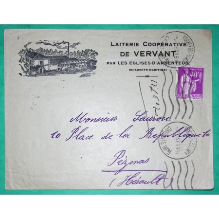 N°281 PAIX ENVELOPPE PUB LAITERIE COOPERATIVE VERVANT CHARENTE MARITIME POUR PEZENAS HERAULT 1937 LETTRE COVER FRANCE
