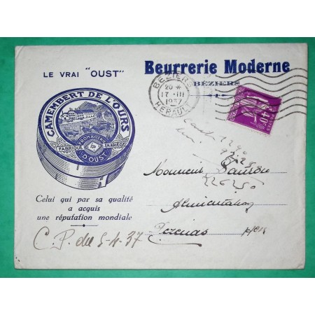 N°281 PAIX BELLE ENVELOPPE PUB CAMEMBERT DE L'OURS BEURRERIE MODERNE BEZIERS HERAULT POUR PEZENAS 1937 COVER FRANCE