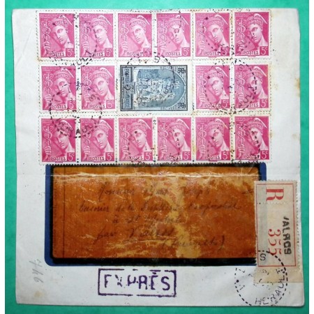 N°259 + 406 x16 CATHEDRALE DE REIMS MERCURE 5C ROSE BEL AFFRANCHISSEMENT RECOMMANDER EXPRES VALROS 1938 COVER FRANCE