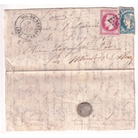 BOULE DE MOULINS N°32 + 44 PLIE AU DOS GC 1312 DOL DE BRETAGNE ILLE ET VILAINE 7 JANVIER 1871 POUR PARIS PASSY...