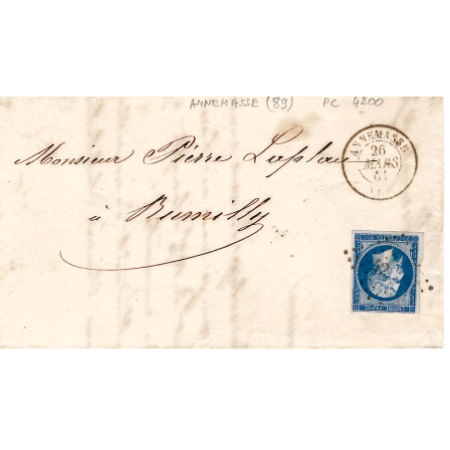 FRANCE N° 14 PC 4200 TYPE 15 ANNEMASSE 26 MARS 1861 LETTRE FILATURE FILLINGES