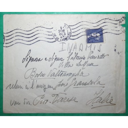 N°581 LAVOISIER SEUL SUR LETTRE PARIS POUR VARESE ITALIE ITALIA INADMIS 1943 LETTRE COVER FRANCE